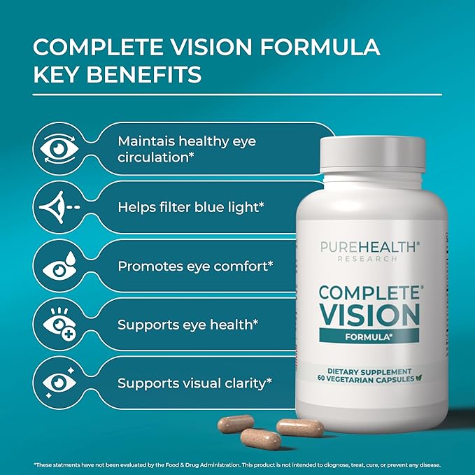 PUREHEALTH RESEARCH Complete Vision Formula - Eye Vitamins &amp Mineral Supplement - Lutein and Zeaxanthin Supplements for Men &amp Women - with Eyebright Herb Zinc Copper Bilberry &amp More - 6