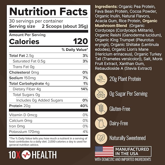 10X Health Vegan Protein Powder - 20g per Serving Plant Based Protein Powder for Muscle Support Strength &amp Nutrition - Dairy-Free &amp Gluten-Free - Chocolate 2.3 lbs 30 Servings