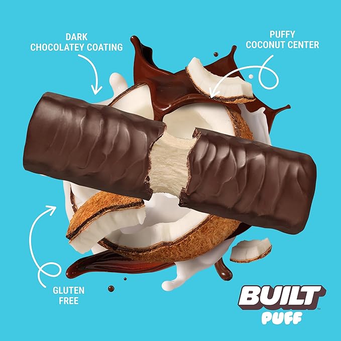 BUILT Bar Puff Protein Bars - Coconut - 17g Protein Snack Bars with Collagen - Calorie Conscious &amp Gluten Free - 12 Count