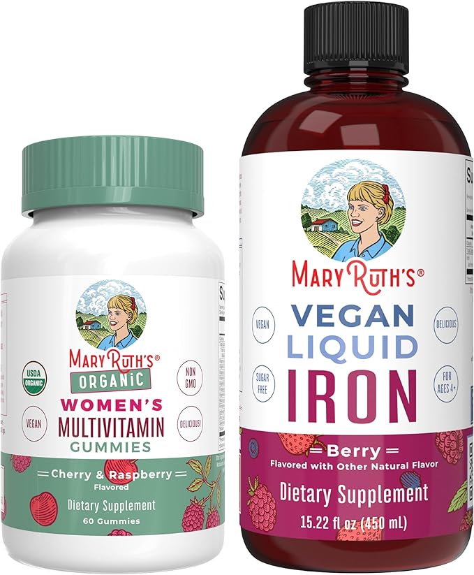 MaryRuth's Multivitamin Gummies for Women (Cherry &amp Raspberry) &amp Iron Liquid Supplement (Berry) | Clean Label Project Verified® | USDA Organic Vegan Non-GMO | Beauty Immunity &amp Overall