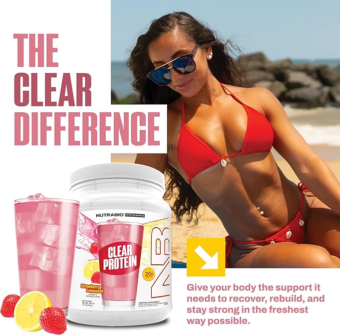 NutraBio Clear Protein Powder Strawberry Lemonade - 20 Servings 20g Clear Whey Protein Isolate 0 Sugar 0g Lactose Refreshing Fruit Flavors GLP1 Support -Bone Health -Muscle Post Workout Recovery