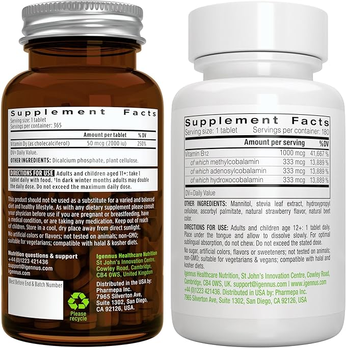 Daily Vitamin D3 + Super B12-Complex Vegetarian Bundle 365 2000iu Vitamin D3 Tablets + High Absorption Sublingual B12 by Igennus