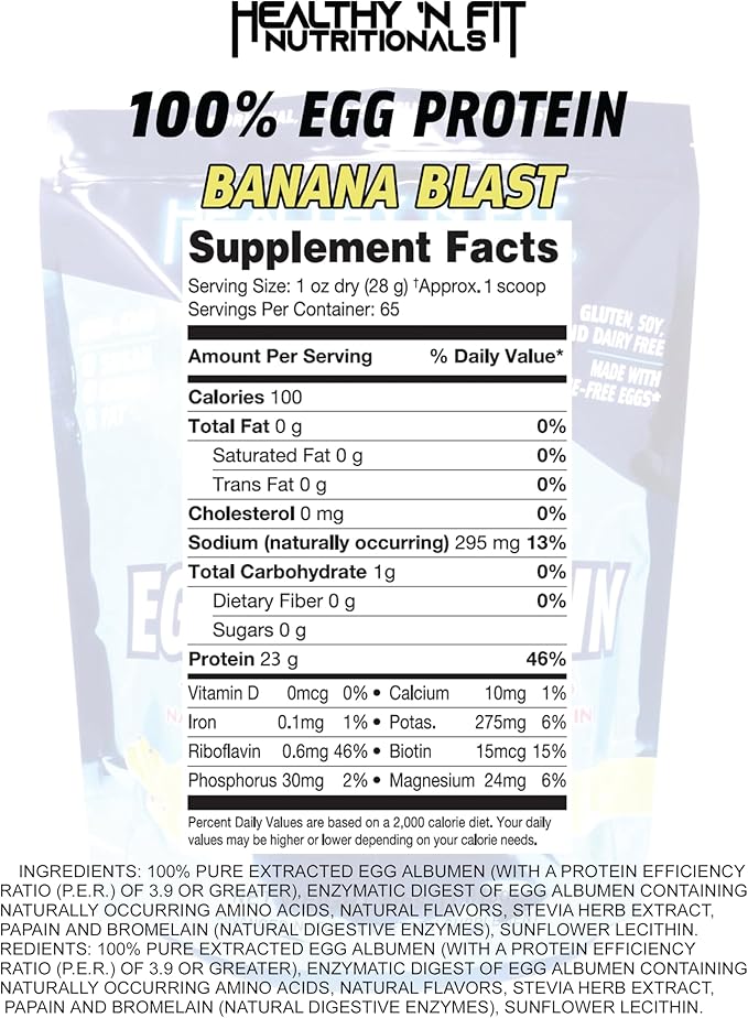 Healthy 'N Fit 100% Egg Protein- Banana Blast (4lb): 100% Egg White Protein. Zero Lactose Zero Sugar.- Ultra Pure Natural Egg Protein Isolate
