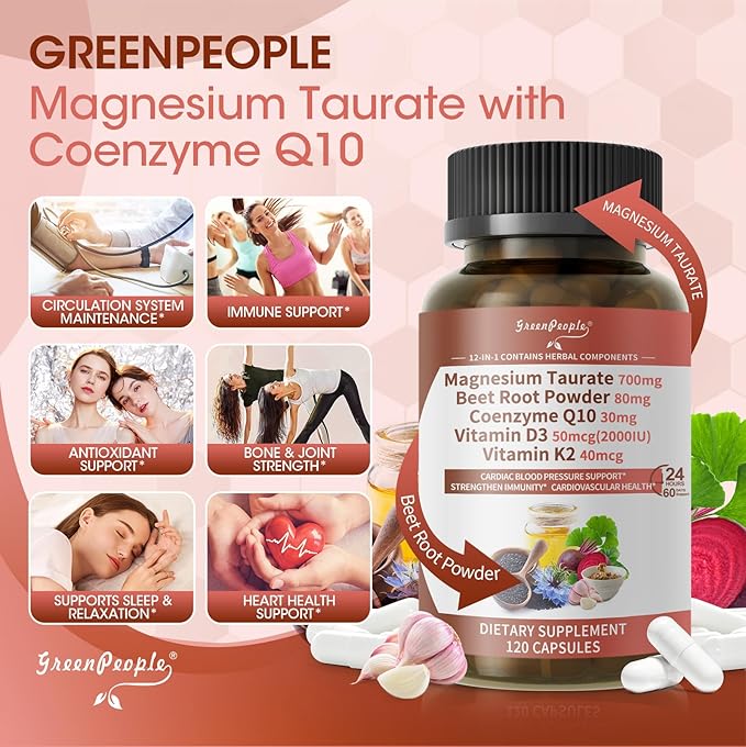 Magnesium Taurate Capsules 12-in-1 Complex - Beet Root CoQ10 Resveratrol for Heart Support Immue Support High Absorption Magnesium Taurate Complex Supplement for Men and Women 120 Capsules