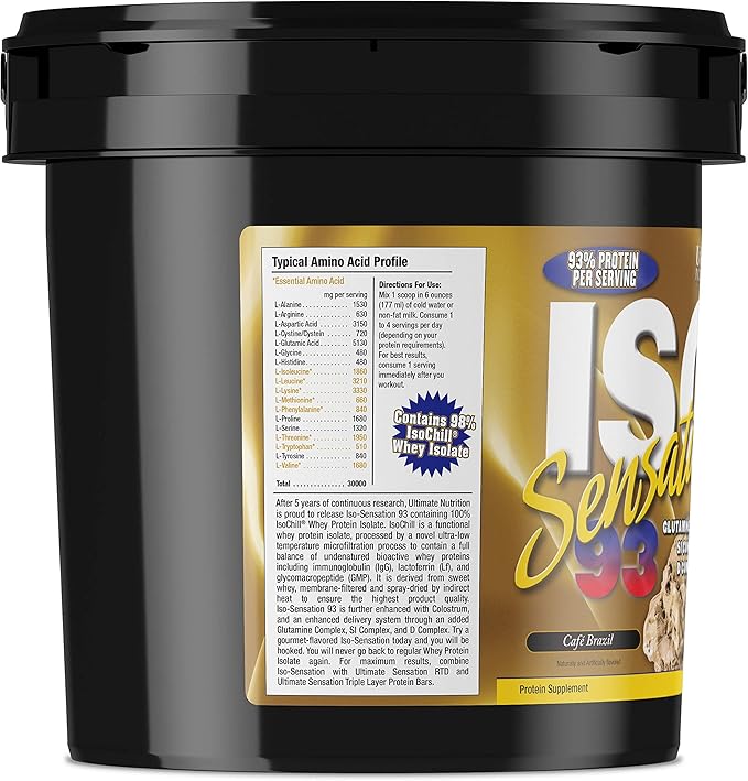 Ultimate Nutrition Iso Sensation 93 with Glutamine Whey Protein Isolate Powder 30 Grams of Protein Low Carb Protein Shakes Keto Friendly 5 Pounds Café Brazil Flavoured
