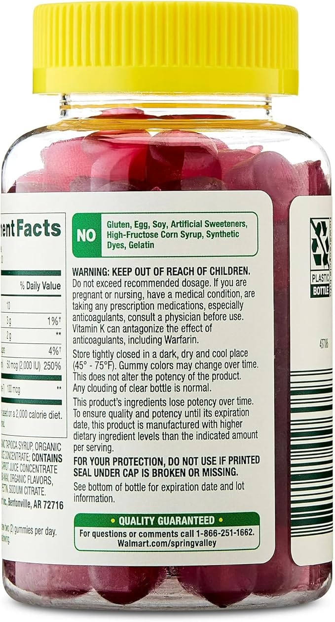 SUREFECT Spring Valley Vitamin K2 + D3 Gummies - 100mcg K2 &amp 2000IU D3 per Serving Bone &amp Immune Support Mixed Berry 60 Count Organizer