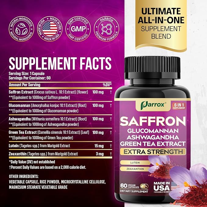 Saffron Supplement with Glucomannan Ashwagandha Green Tea Extract Zeaxanthin &amp Lutein Vision Support &amp Daily Wellness Formula Extra Strength Plant-Based Capsules 4 Month Supply (2 Pack)