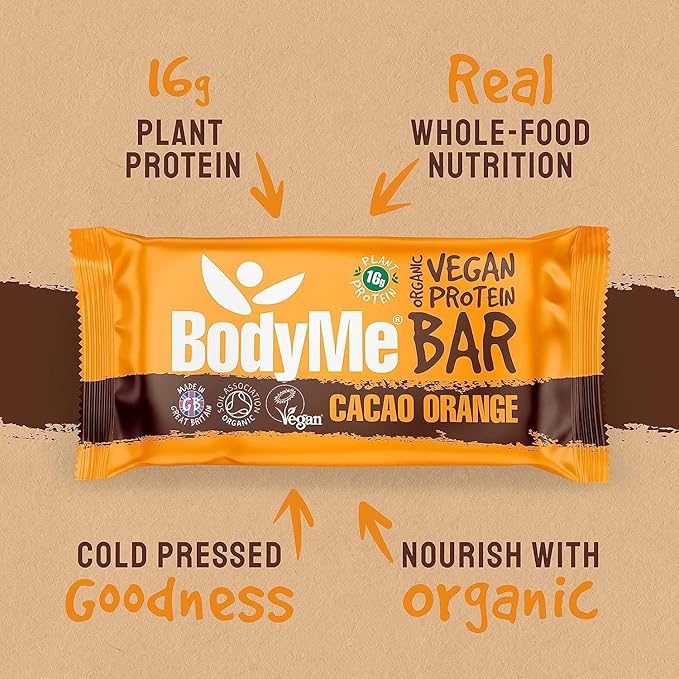 BodyMe Organic Vegan Protein Bar | Raw Cacao Orange | Box of 12 x 60g (2.12oz) | with 3 Plant Proteins
