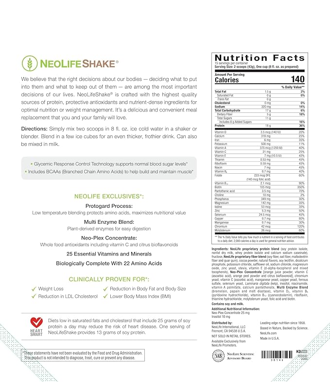 NeoLife - NeoLifeShake - Meal Replacement Shake Powder 25 Vitamins &amp Minerals 22 Amino Acids High Protein Nutrition &amp 5gr Fiber Protein Powder for Shakes - Rich Chocolate Weight 22.8 oz (