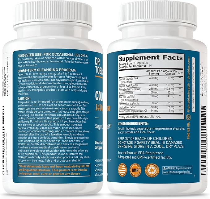 Dr. Tobias Colon Cleanse - Constipation Relief &amp Gut Health Support for Women &amp Men | 14 Day Colon Cleanser for a Gentle Colon Detox &amp Gut Flush - 2 Bottles of 28 Capsules