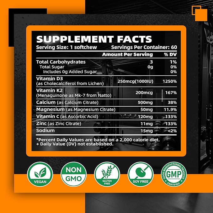 Nutravita Sugar-Free Vitamin D3 K2 Chews with Calcium + K2 (MK-7) Magnesium Citrate Vitamin C Extra Strength - Ultimate Absorption for Bone Muscle Teeth Immune Vegan - 60 Count-Orange Flavor