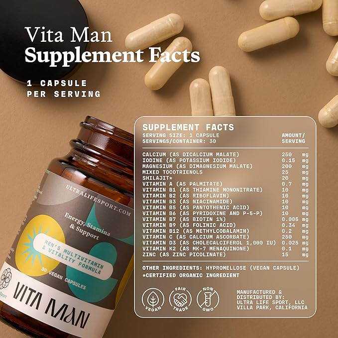Ultra Life Sport - VITA Man Premium Men's Multivitamin - 30 Capsule Daily Vitamins for Men with Vitamin E K2 MK-7 and B Vitamins for Maximum Absorption - 100% Vegan Organic Non-GMO Gluten Free