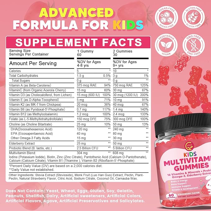 (2 Pack) Kids Methylated Multivitamin Gummies with Omega 3 Multivitamin for Kids 4+ w/L Methylfolate &amp B12 Calcium Probiotics Elderberry 16 Vitamins for Healthy Growth Immune Support Sugar