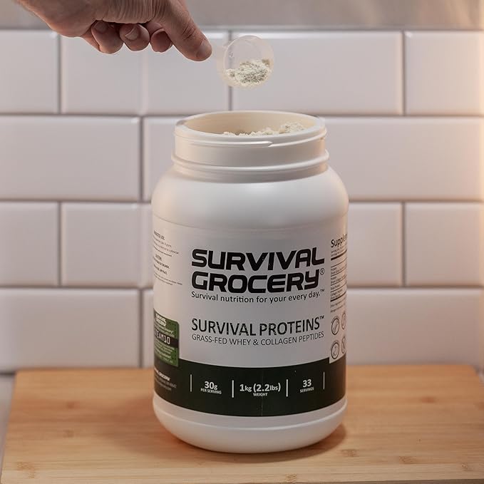 Survival Grocery® - Survival Proteins™ Grass-Fed Whey Protein &amp Grass-Fed Collagen Peptides (Types I &amp III) Unflavored Gluten Free for Hair Nail Skin Bone &amp Joint Health (2 kg./ 2 Ju