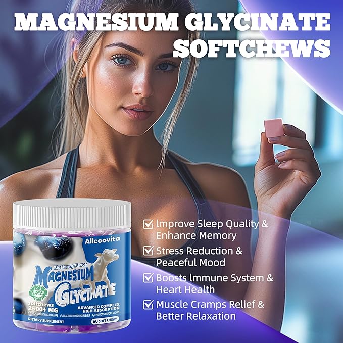 Magnesium Glycinate Soft Chews Blueberry Flavor.Chewable Sugar Free Potassium Magnesium Chews with Magnesium Glycinate Vitamin D B6 and CoQ10 for Calm Support &amp Sleep for Adults 60 Days Suppl