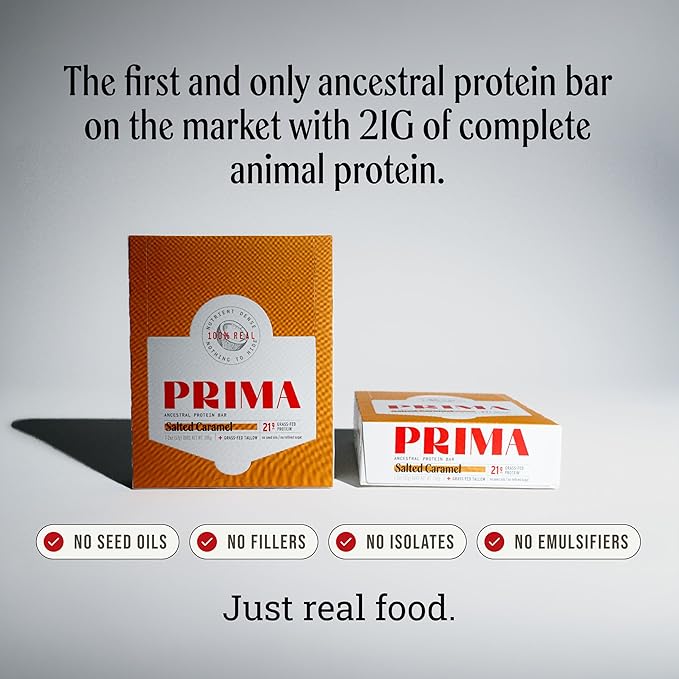 PRIMA ANCESTRAL PROTEIN BAR Grass Fed Protein Bars 7 Pack – Animal-Based Protein Bar with Beef Tallow Raw Honey Seed Oil Free Low Carb Gluten-Free – Healthy Energy Snacks for Clean Lifestyle (7