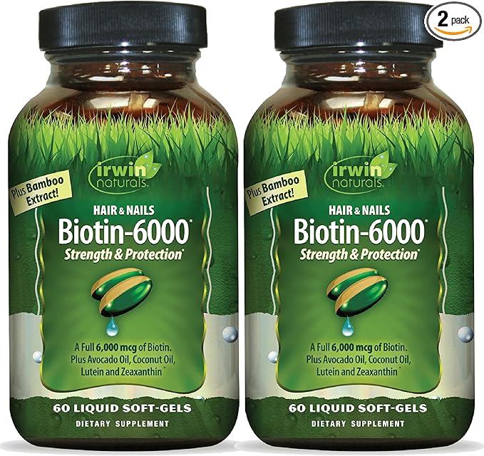 Irwin Naturals Biotin-6000-60 Liquid Soft-Gels Pack of 2 - Supports Strength &amp Protection for Hair &amp Nails - with Avocado Oil Coconut Oil Lutein &amp Zeaxanthin - 60 Total Servings