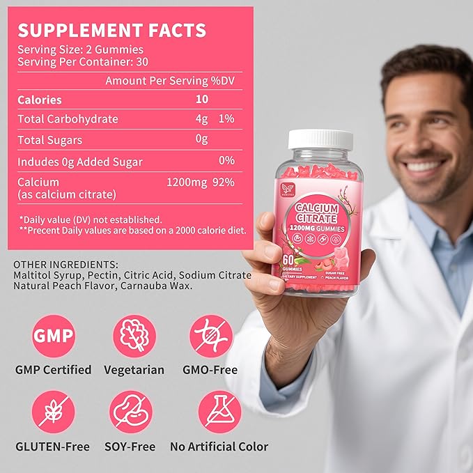 (3 Pack) Calcium Citrate 1200 mg Gummies for Women &amp MenCalcium Supplements for WomenHigh Absorption for Bone Muscle Healthy - Easy to Digest Sugar FreeVeganPeach Flavor90 Day Supply