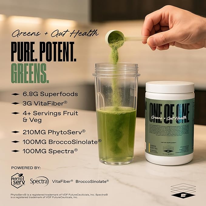 ONE OF ONE Greens &amp Gut Health – Superfood Greens Powder with Prebiotics Probiotics &amp Digestive Enzymes for Gut Health Immunity &amp Energy No Artificial Sweeteners - Lemon Iced Tea 30 Se
