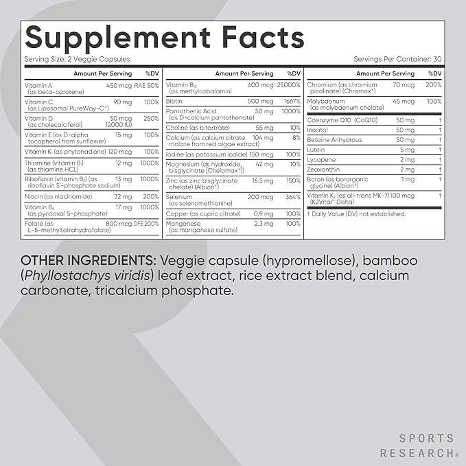 Sports Research® Multivitamin – Advanced Formula - 23 Essential Vitamins &amp Minerals with CoQ10 &amp Iodine - Daily Nutrient Support*- Non-GMO Tested &amp Gluten-Free -60 Veggie Capsules