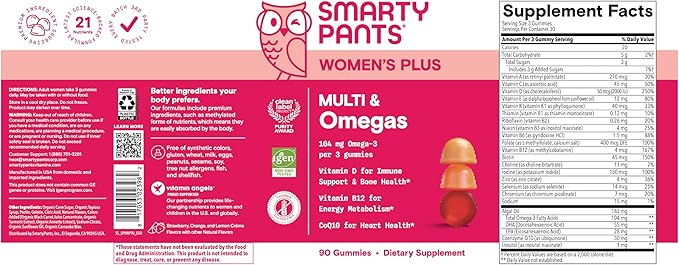 SmartyPants Women's Multivitamin Gummies Omega 3 (DHA/EPA) Methylfolate CoQ10 Vitamin D3 C Vitamin B12 B6 A K &amp Zinc Inositol Gluten Free 90 Count (30 Day Supply)