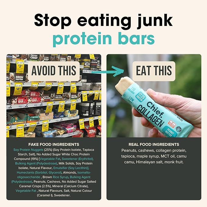 Chief Collagen Protein Bar Peanut Butter 100% Natural Ingredients Keto &amp Paleo Friendly Snack Gluten Free &amp Low Sugar 12 Pack