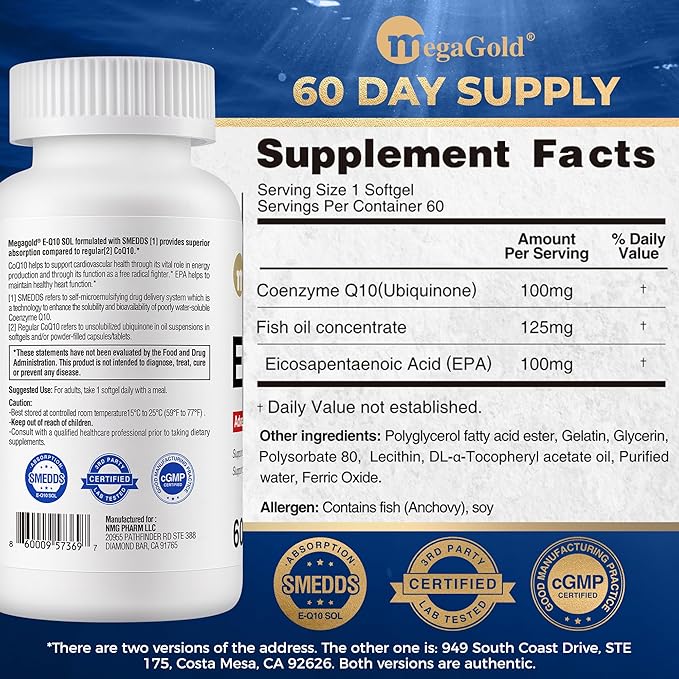 E-Q10 Sol Advanced Absorption Fish Oil - Fish Oil with Coq10 100mg EPA Antioxidant for Cardiovascular Health &amp Energy* Coenzyme Q 10 Supplement for Men and Women - 60 Count Softgels