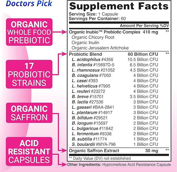 Fem Pro Probiotics for Women. 17 Clinically Effective Strains for Vaginal Digestive &amp Immune Support Urinary Tract Health pH Balance and Mood. 60 Veggie Capsules 2 Month Supply