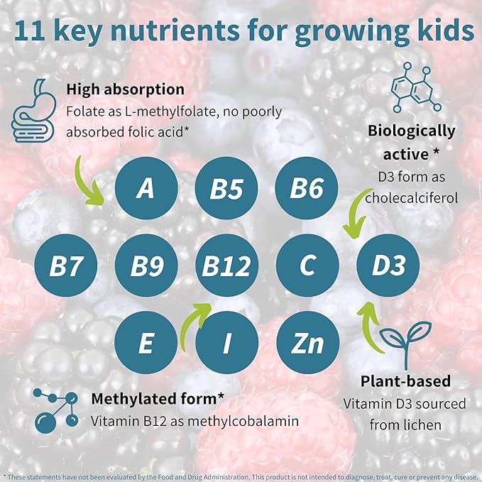 Igennus Methylated Kids Multivitamin Gummies MTHFR No Artificial Sweeteners or Flavors Sugar Free Age 4+ 90 Natural Berry Flavor Gummies from Fruit Powder Non-GMO Halal Clean Label