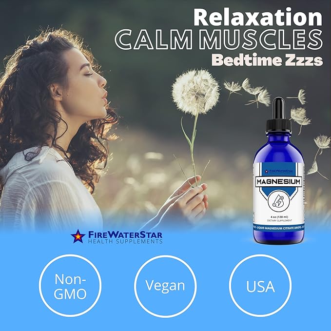 FWS Magnesium Citrate Liquid Drops for Adults and Kids Pure Magnesium Citrate Organic Non-GMO Vegan Supports Sleep Calm Energy Muscles Nerves Easy Adjustable Dosing 4 Month Supply 4 oz
