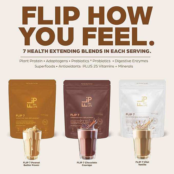 Flip My Life Flip 7 Natural SuperFood Plant-Based Protein Complete Meal Replacement to Support Healthy Gut 7 Mega Nutrient Rich Blends all in one to AGE BETTER - Vanilla