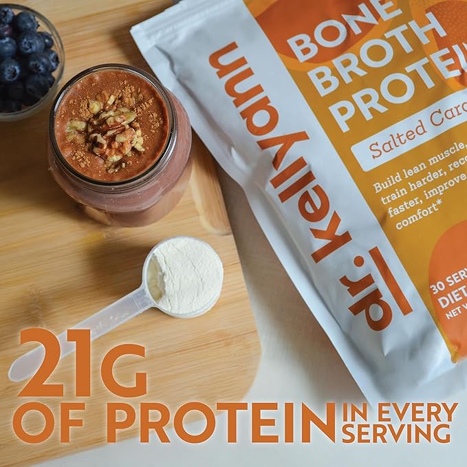 Dr. Kellyann Bone Broth Protein Powder Salted Caramel - 21g Protein Grass-Fed Collagen Sugar-Free Keto &amp Paleo Friendly (30 Servings)