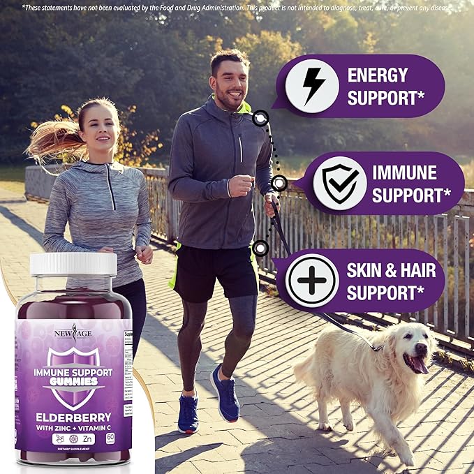 NEW AGE Immune System Support Gummies - Sambucus Black Elderberry Gummies with Vitamin C and Zinc (60 Count (Pack of 1))