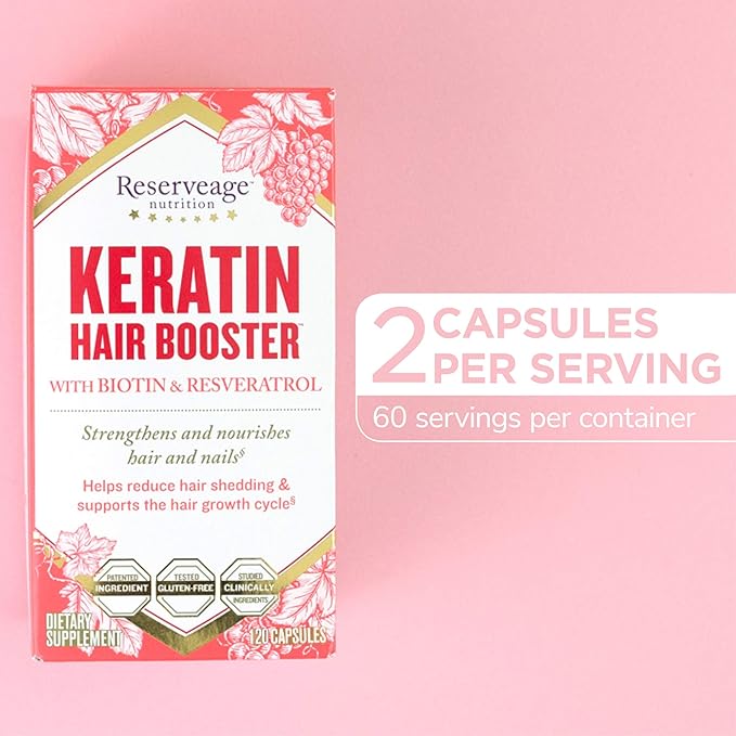 Reserveage Nutrition Keratin Hair Booster with Biotin &amp Resveratrol Hair and Nail Growth Supplement 120 Capsules (60 Servings) &amp Resveratrol 500 mg Supports Healthy Aging and Immune System