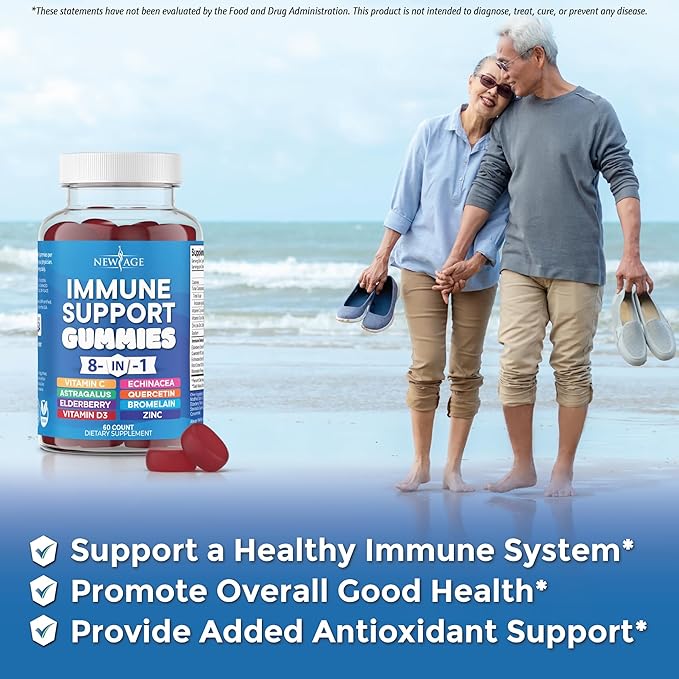 NEW AGE 8 in 1 Immune Support Booster Supplement with Astragalus Root Vitamin C and Zinc 50mg Vitamin D 5000 IU Quercetin &amp Bromelain (8 in 1 Gummies (Pack of 2))