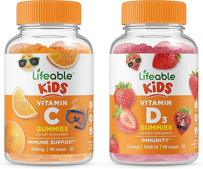 Lifeable Vitamin D Kids + Vitamin C Kids Gummies Bundle - Great Tasting Vitamin Supplement Gluten Free GMO Free Chewable Gummy