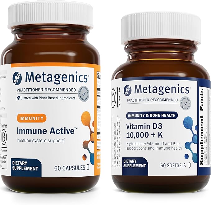 Metagenics Bundle - Immune Active &amp D3 10000 + K - 60 Capsules of Immune Active for Immune Health Support - 60 Softgels of D3 10000 + K for Immune Support Bone Health &amp Heart Health