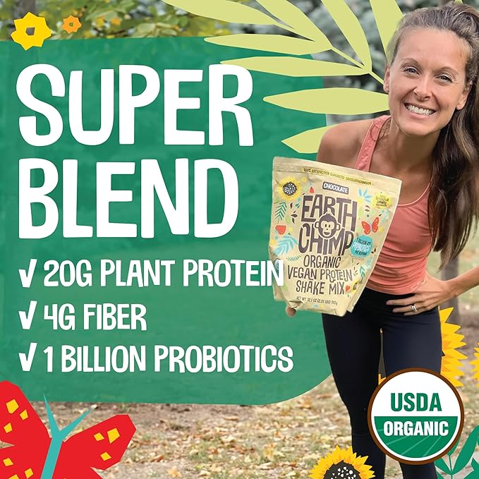 EarthChimp Organic Vegan Protein Powder - with Probiotics - Non GMO Dairy Free Non Whey Plant Based Protein Powder for Women and Men Gluten Free - 52 Servings 64 Oz (Chocolate) No Scoop