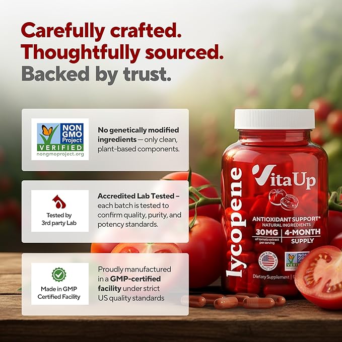 Lycopene Supplements for Men – USA Made Prostate Supplements for Men with Natural Tomato Extract – Non-GMO Lycopene Supplement for Normal Prostate Skin &amp Antioxidant Support – 120 Count