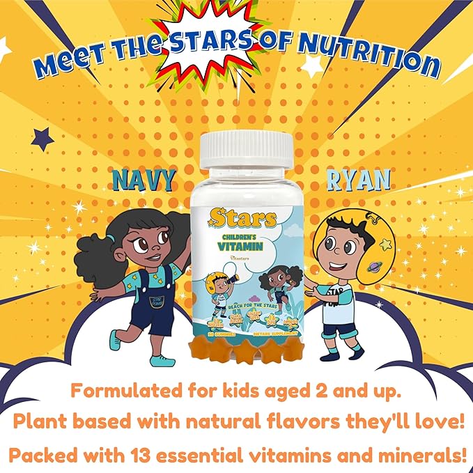 Stars Kids Multivitamin Gummies with Omega 3 Vitamins for Kids with A B C D Plant Based Multi Vitamins for Children Manganese 60 Star-Shaped Multivitamin for Kids Gluten-Free Gummy Vitamins