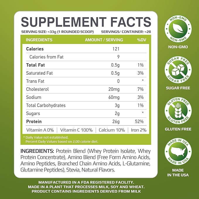 MFL Muscle Whey Protein 2 lbs l 26g of Protein l 8g BCAAs l 6g Glutamine l Low Carbs l 28 Servings (Vanilla Bean)