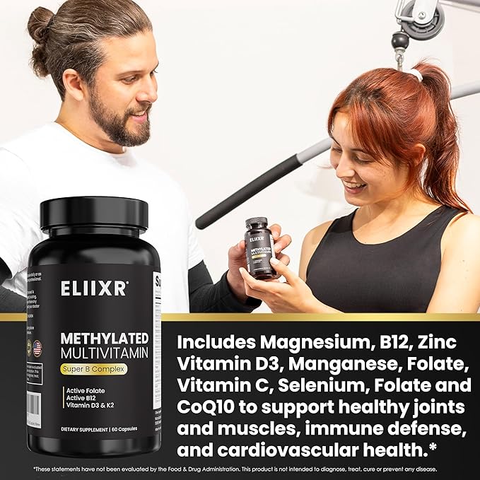 Eliixr Methylated Multivitamin 27-in-1 Formula with 1500 mcg Active Folate Methylated B12 K2 D3 B-Complex and more Women and Mens Multivitamins 60 Vegan Capsules 2 month supply Made in the USA