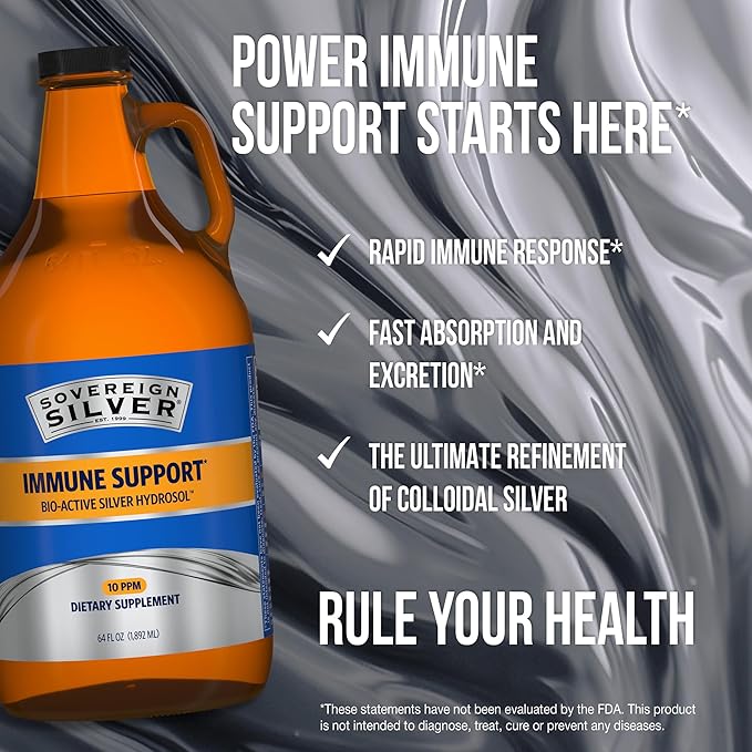 Sovereign Silver Immune Support - Colloidal Silver Bio-Active Silver Hydrosol 10 ppm Liquid Twist Top 64 Fl Oz (1892 mL)