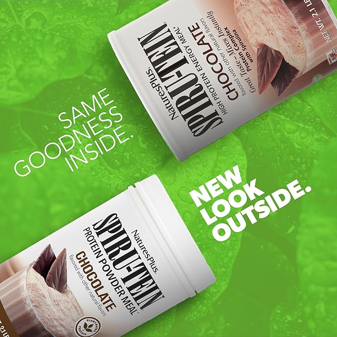 NaturesPlus SPIRU-TEIN Chocolate - 2.1 lb Pack of 2 - Plant-Based Protein Shake - Non-GMO Vegetarian Gluten Free - 68 Total Servings