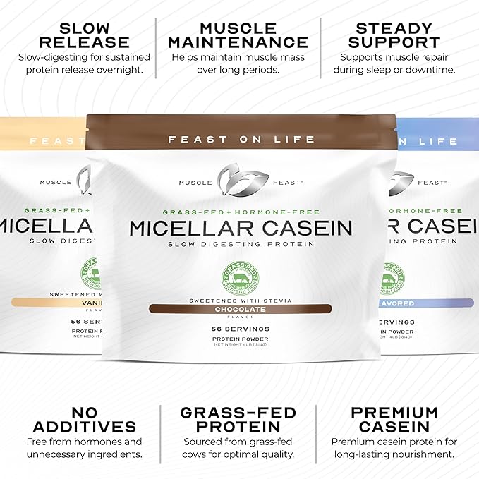 Muscle Feast Grass Fed Micellar Casein Protein Powder Pasture Raised &amp Hormone Free Slow Digesting Casein Protein - Supports Overnight Muscle Recovery Gluten Free Protein Powder - Unflavored 4