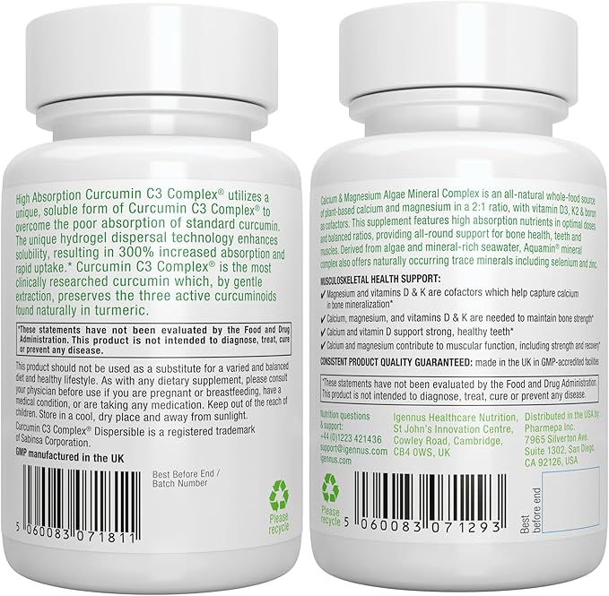 Algae Calcium &amp Magnesium Complex + High Absorption Curcumin C3 Complex Vegan Bundle for Bones Joints &amp Recovery from Exercise by Igennus
