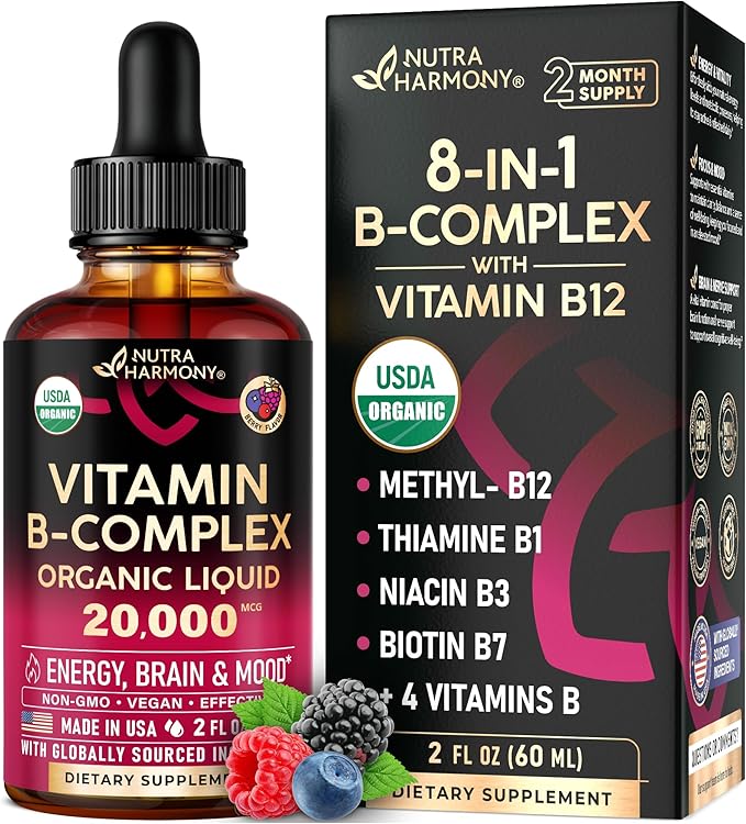 USDA Organic Vitamin B-Complex B5 Pantothenic Acid | B12 Methylcobalamin | B1 Thiamine | B6 Pyridoxine | B7 Biotin | B9 Folic | B3 Niacinamide - B Complex Liquid Drops Made in USA Supplement 2fl oz