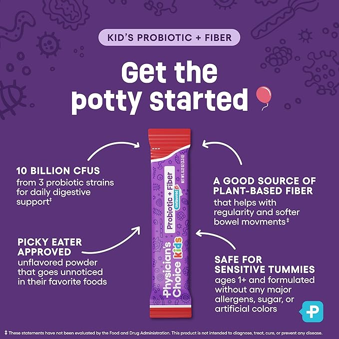 Physician's Choice Kids Probiotic + Prebiotic Fiber Packets (Ages 1+) - Supports Regularity Occasional Constipation &amp A Healthy Digestive System - No Allergens or Preservatives - Unflavored - 24