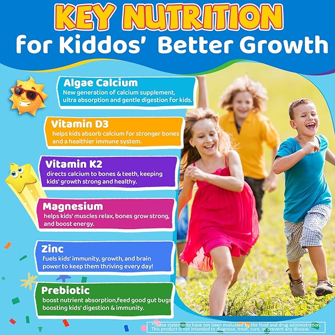 Kids Calcium Gummies + Vitamin D3 K2 Magnesium Zinc Extra Absorption Algae Calcium Supplement For Kids Gentle to Stomach Bone Teeth Muscle Brain Sugar Free Chewable Kids Vitamins 4+ 60 Counts