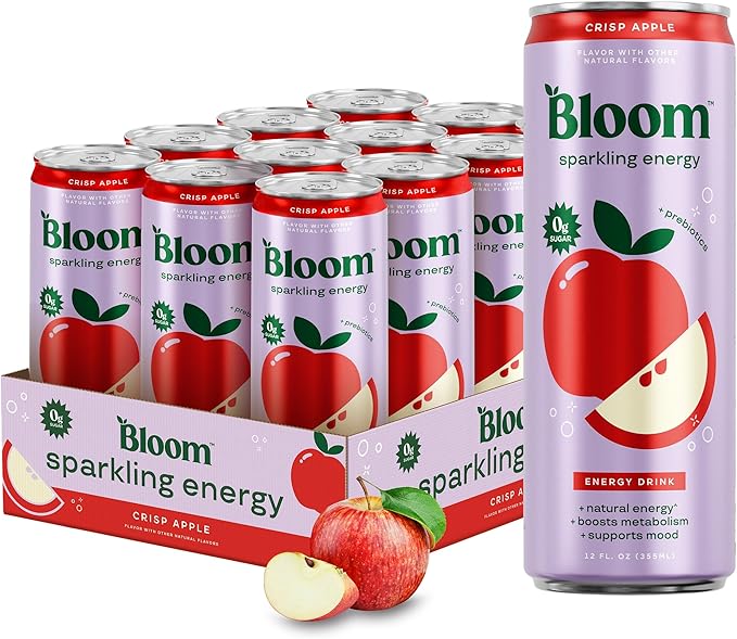 Bloom Nutrition Sparkling Energy Drink - Natural Caffeine Zero Sugar 180mg Caffeine - Antioxidant-Rich with Green Coffee Bean Green Tea Extract Prebiotics - Crisp Apple - 12oz 12 Pack